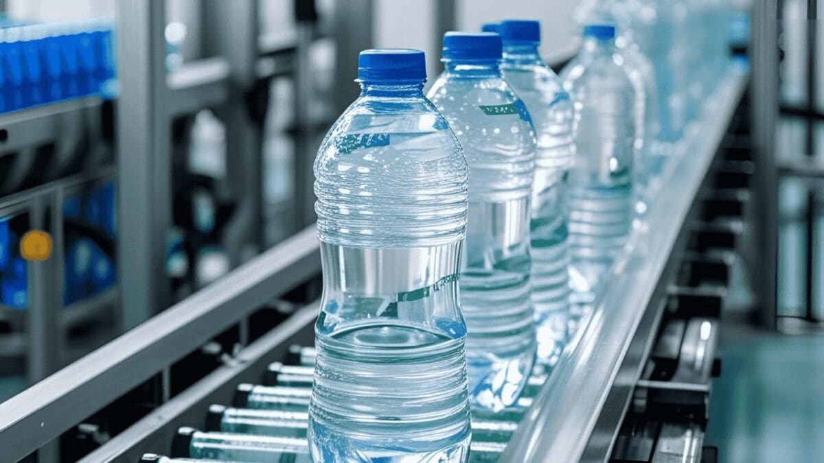 Linha de envase de água mineral com garrafas plásticas em processo industrial
