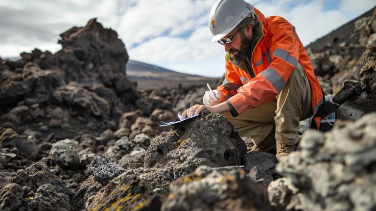 Estudo geológico-geotécnico realizado por equipe técnica em campo para avaliação de solo, rochas e riscos do terreno
