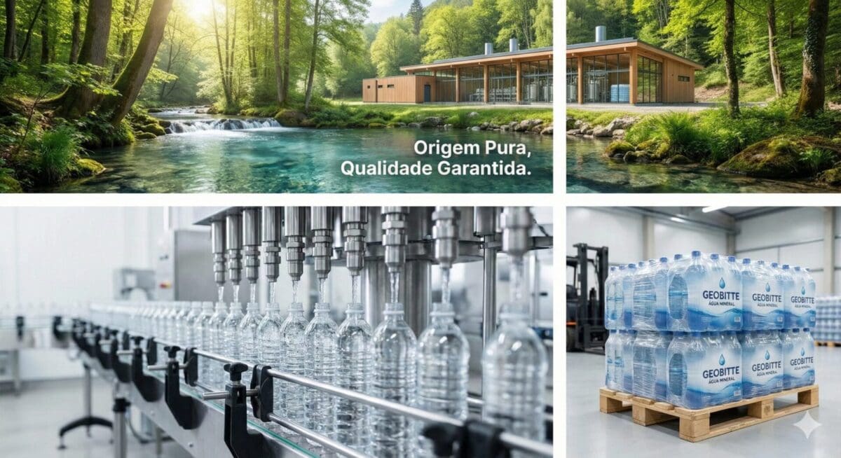 Fábrica de água mineral com etapas de licenciamento, captação, envase e posicionamento de mercado