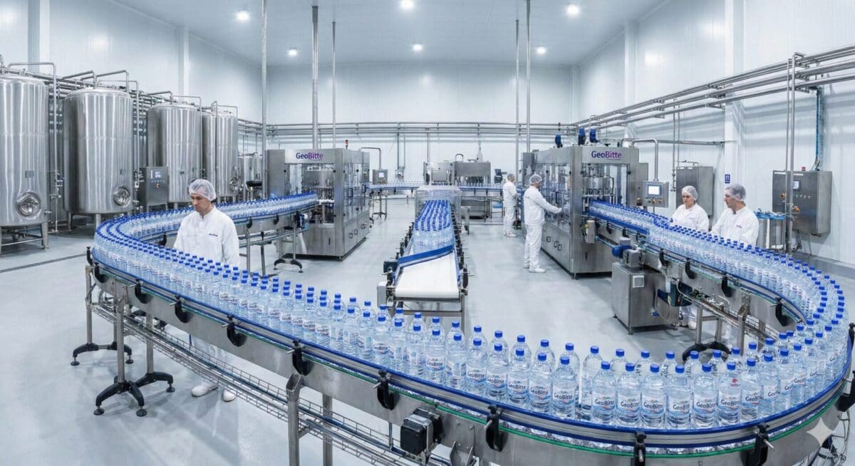 Vista panorâmica de uma linha industrial automatizada para o envase de água mineral. A imagem mostra esteiras transportadoras repletas de garrafas d'água em um ambiente fabril limpo e moderno, com funcionários monitorando a produção.