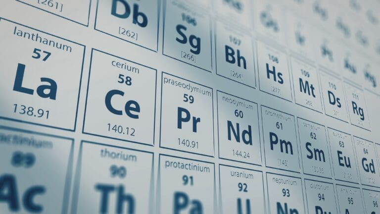 Tabela periódica com elementos de terras raras e minerais estratégicos para mineração e tecnologia