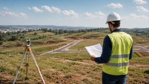 Profissional de geotecnia analisando planta topográfica em área de loteamento, com equipamento de topografia e terreno em avaliação ao fundo.