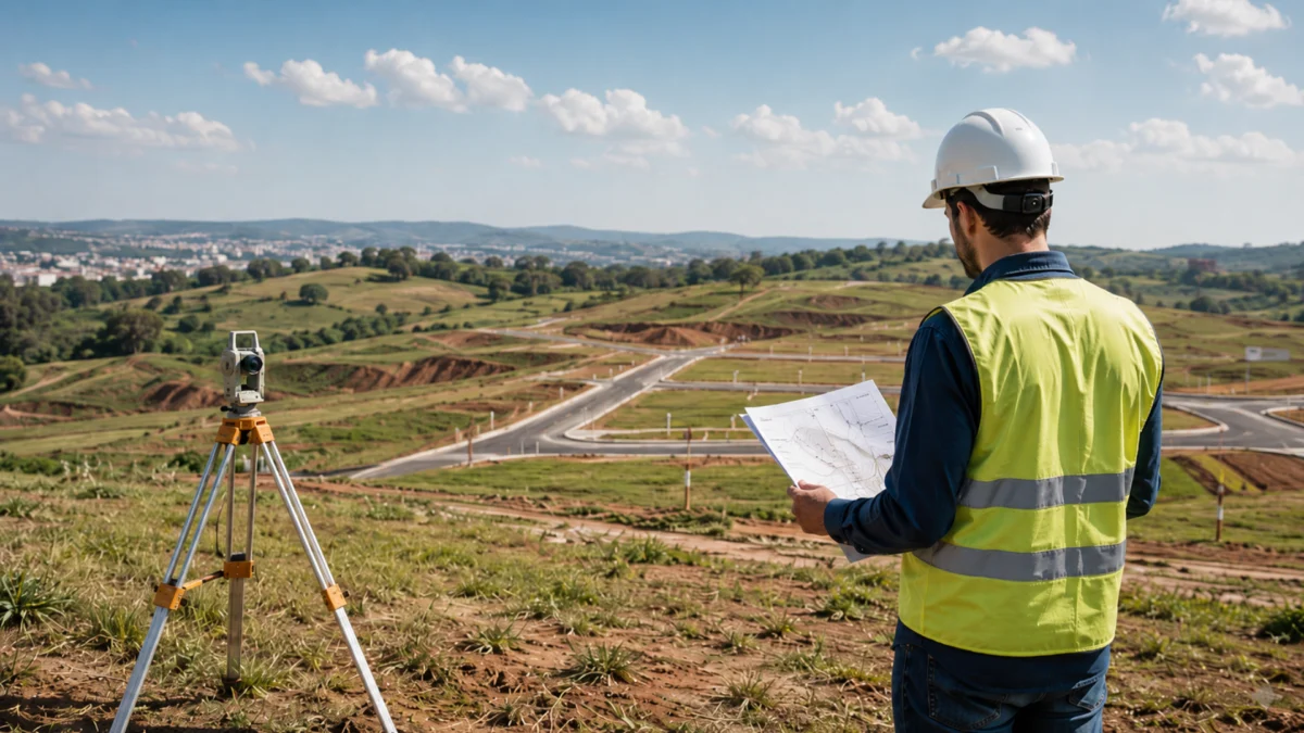 Profissional de geotecnia analisando planta topográfica em área de loteamento, com equipamento de topografia e terreno em avaliação ao fundo.